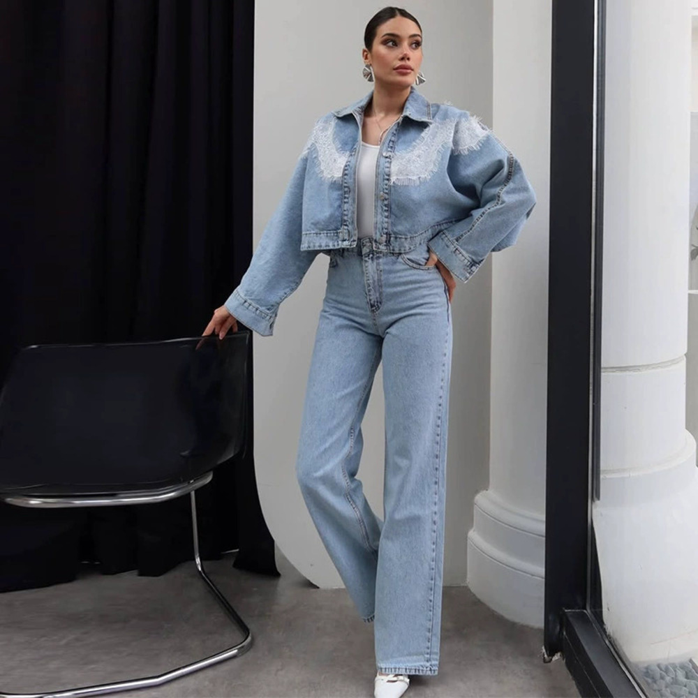 Forever 21 Light Blue Denim Lace Trim 2-Piece Set